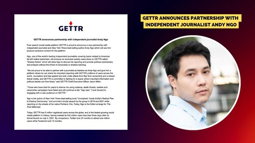 Some exciting news: I'm partnering with GETTR to host a live stream called the "Weekly Notice." More details will come very soon. In the meantime, follow me to stay informed on updates. Read the full press release here: https://about.gettr.com/press/gettr-announces-partnership-with-independent-journalist-andy-ngo

Cảm ơn tất cả bạn nhé.