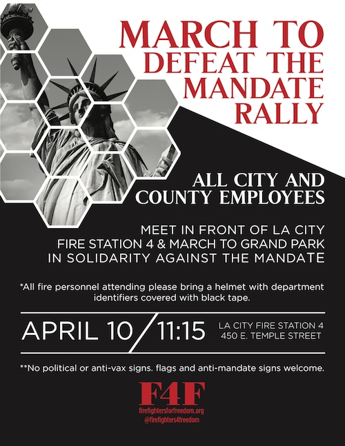 🔥🔥🔥

Our nation's firefighters risk their lives EVERY day for us and our safety.

Now they're losing their jobs because they want freedom of medical choice.

Will you be there to support THEM?

Pre-event march kicks off at 11:15am PST

L.A. City Fire Station 4

Details 👇