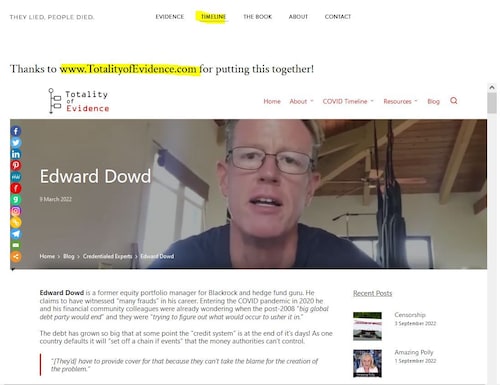 Wow just checked out Ed Dowd's new website....and was curious re the "timeline" tab.  

Thanks @EdwardDowd for acknowledging my work.
As long as you keep posting content on Gettr I can keep updating.  Team work.