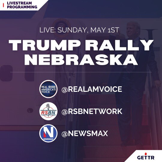 GETTRLive on GETTR : Severe weather isn’t going to stop President Trump from addressing thousands of patriots in Greenwood, Nebraska!  Be sure to tune in tomorrow on GETTR for all-day LIVE coverage of the rally from @RealAmVoice, @RSBNetwork, and @newsmax