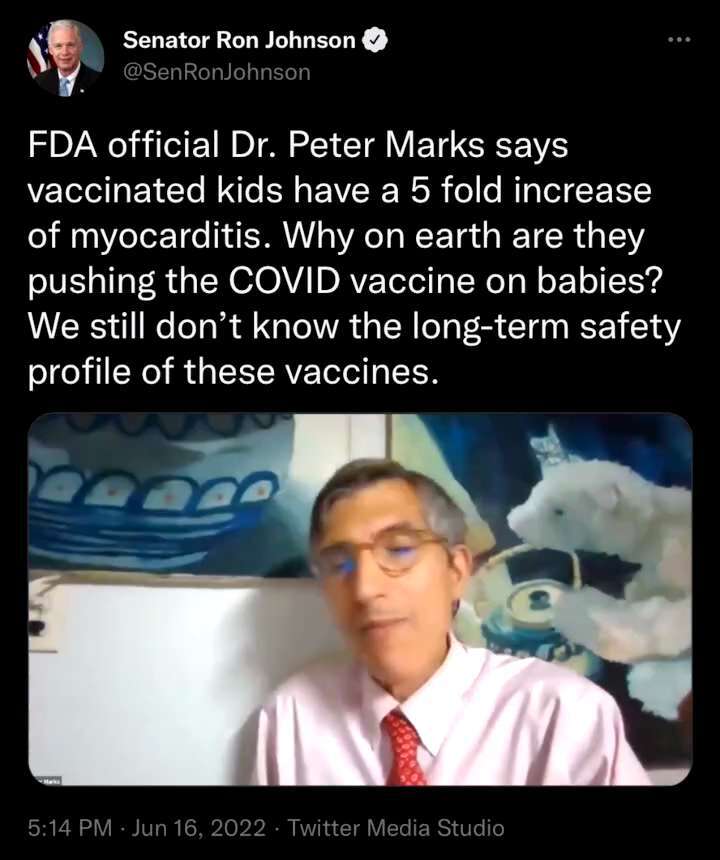 Sen. Ron Johnson calls out FDA official Dr. Peter Marks who says vaccinated kids have a 5 fold incre...