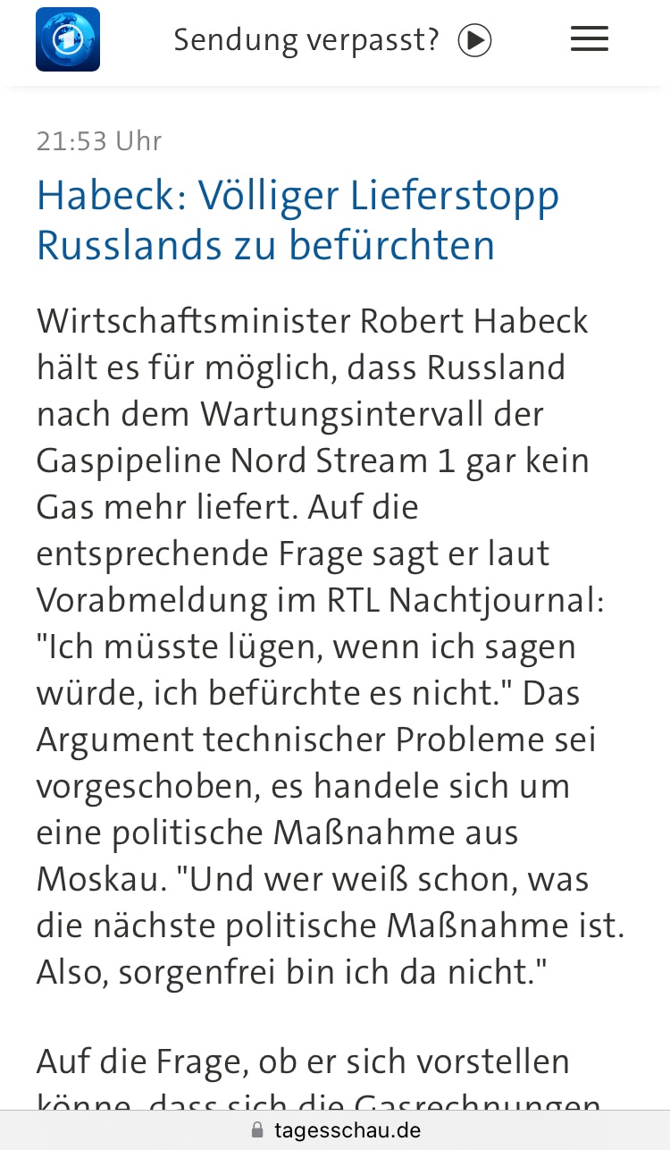 Nach dieser Aussage von Habeck könnte schon ab dem 11. Juli, dem Beginn der Wartungsarbeiten, Schlus...