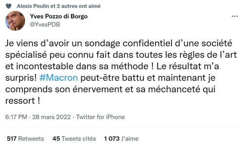 Le Sénateur Yves Pozzo di Borgo a eu vent d'un sondage qui annonce la très probable défaite de Macro...