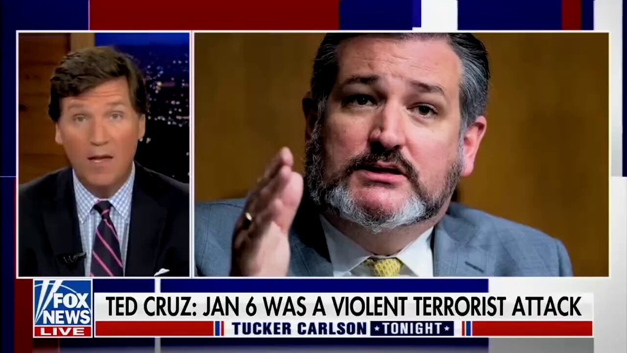 Tucker Carlson calls out Ted Cruz for his "violent terrorist attack" description of January 6th.