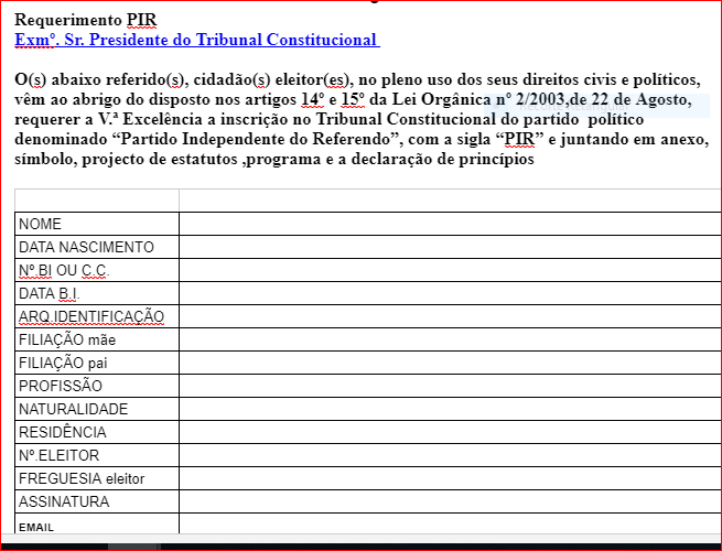 documentos para legalização do PIR via net
PARTIDO INDEPENDENTE  DO REFERENDO 
REQUERIMENTO
SÍMBOLO
...