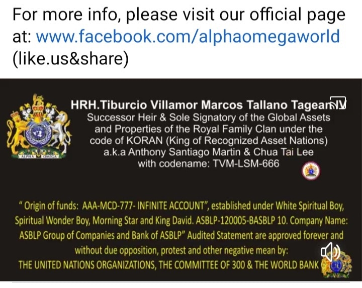 ⚘Truth Revealed: ORIGIN OF FUNDS OF THE ROYAL FAMILY CLAN
* *
“ Origin of funds: AAA-MCD-777- INFINITE ACCOUNT” , established under White Spiritual Boy, Spiritual Wonder Boy, Morning Star and King David. ASBLP-120005-BASBLP 10. Company Name: ASBLP Group of Companies and Bank of ASBLP” Audited Statement are approved forever and without due opposition, protest and other negative mean by: THE UNITED NATIONS ORGANIZATIONS, THE COMMITTEE OF 300 & THE WORLD BANK GROUP

👇👇👇 details:

https://fb.watch/ahYTmZFcrL/

💖👍💖