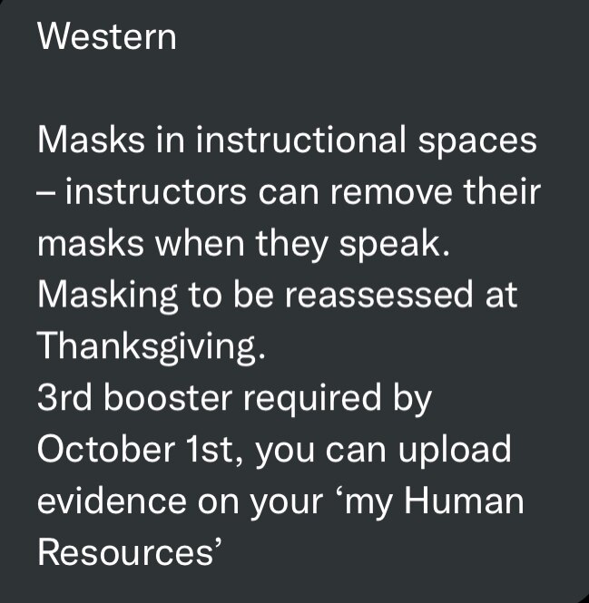Western University in London, Canada is requiring all students and staff to get a covid booster by O...
