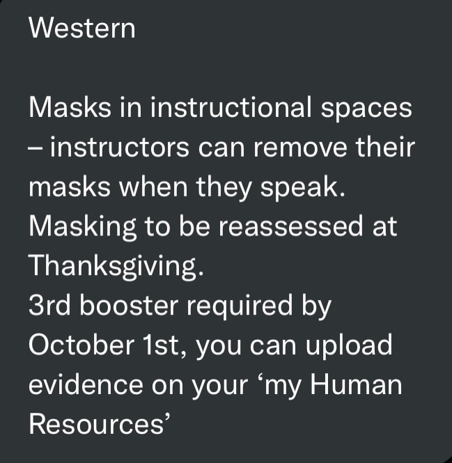 Western University in London, Canada is requiring all students and staff to get a covid booster by O...