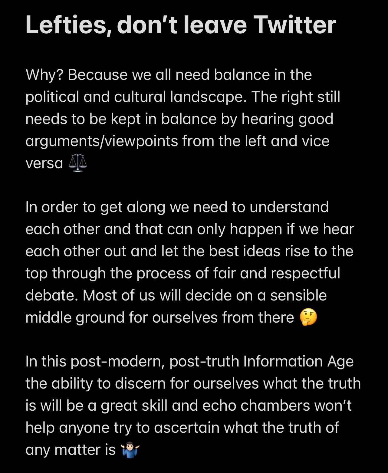 Lefties, don’t leave Twitter

Why? …(see screenshots)