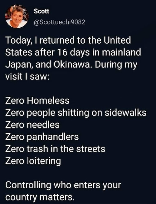 Having the same culture and language and controlling who enters your country seems to really help Ja...