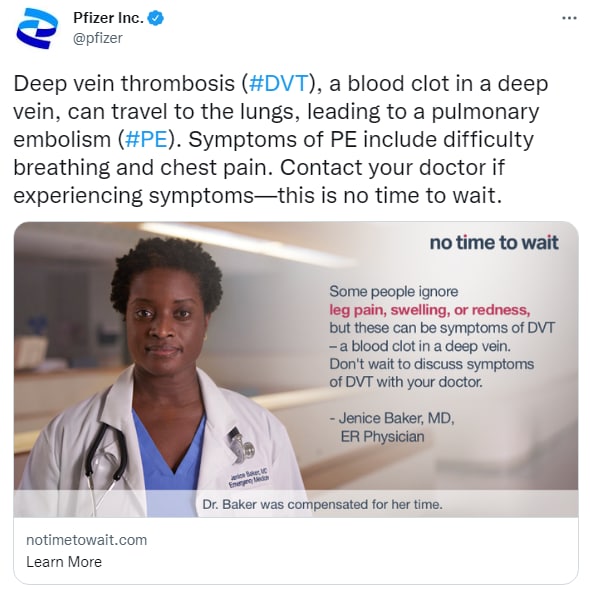 NEW - #Pfizer recommends contacting your doctor if you experiencing symptoms of a blood clot in a deep vein.
https://twitter.com/pfizer/status/14932386236