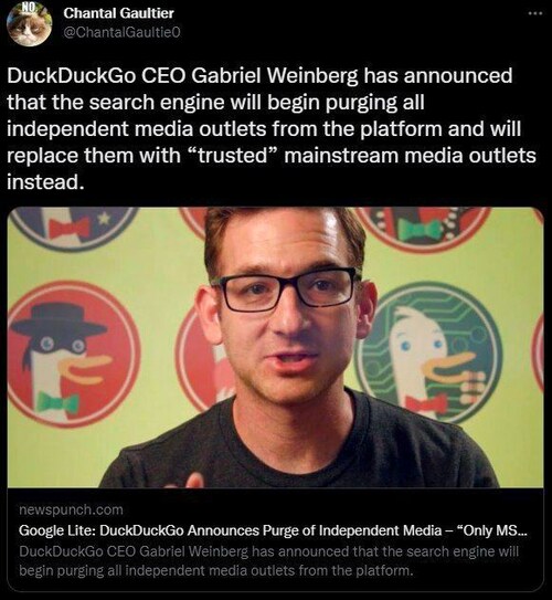 ❌ Google Lite: DuckDuckGo kündigt Löschung unabhängiger Medien an "Nur noch Mainstream-Anbieter"‼️

Der CEO von DuckDuckGo, Gabriel Weinberg, hat angekündigt, dass die Suchmaschine damit beginnen wird, alle unabhängigen Medienanbieter von der Plattform zu entfernen und sie stattdessen durch "vertrauenswürdige" Mainstream-Medienanbieter zu ersetzen.

DuckDuckGo besser meiden!

++ TEILEN ++ TEILEN ++ TEILEN ++

Alternativen👇

Brave
Searx 
Yandex 
Mojeek 
Swisscows
Torchsearch

Freie Medien Kanal bitte folgen
https://gettr.com/user/freiemedien

#DuckDuckGo #zensur #gabrielweinberg #Suchmaschine #alternativemedien #googlelite #freiemedien #freiemedientv #Alternativen