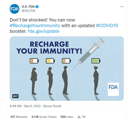 💥 FDA is mocking the COVID-19 Vaccinated with destroyed immune systems 💥

They're mocking you. This is why FDA needs to be disbanded and every FDA official criminally prosecuted. 

They know that mRNA COVID-19 Vaccines damage your immune system by interfering with immune system TLRs, damaging T-cell signaling, lowering T-cell counts, impairing antibody production, impairing DNA repair, and so much more.

Once they've intentionally damaged your immune system, they compare you to a battery that needs to be constantly "recharged" with more mRNA.

Meanwhile, &gt; 90% of hospitalized and dying are triple or quadruple COVID-19 Vaccinated.

They are openly mocking those who keep lining up for these immune system destroying jabs.