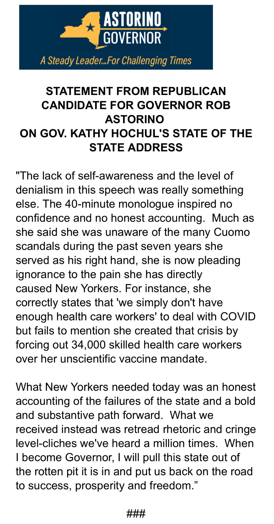 My full statement on Gov. Kathy Hochul’s State of the State address. 

We needed an honest accountin...
