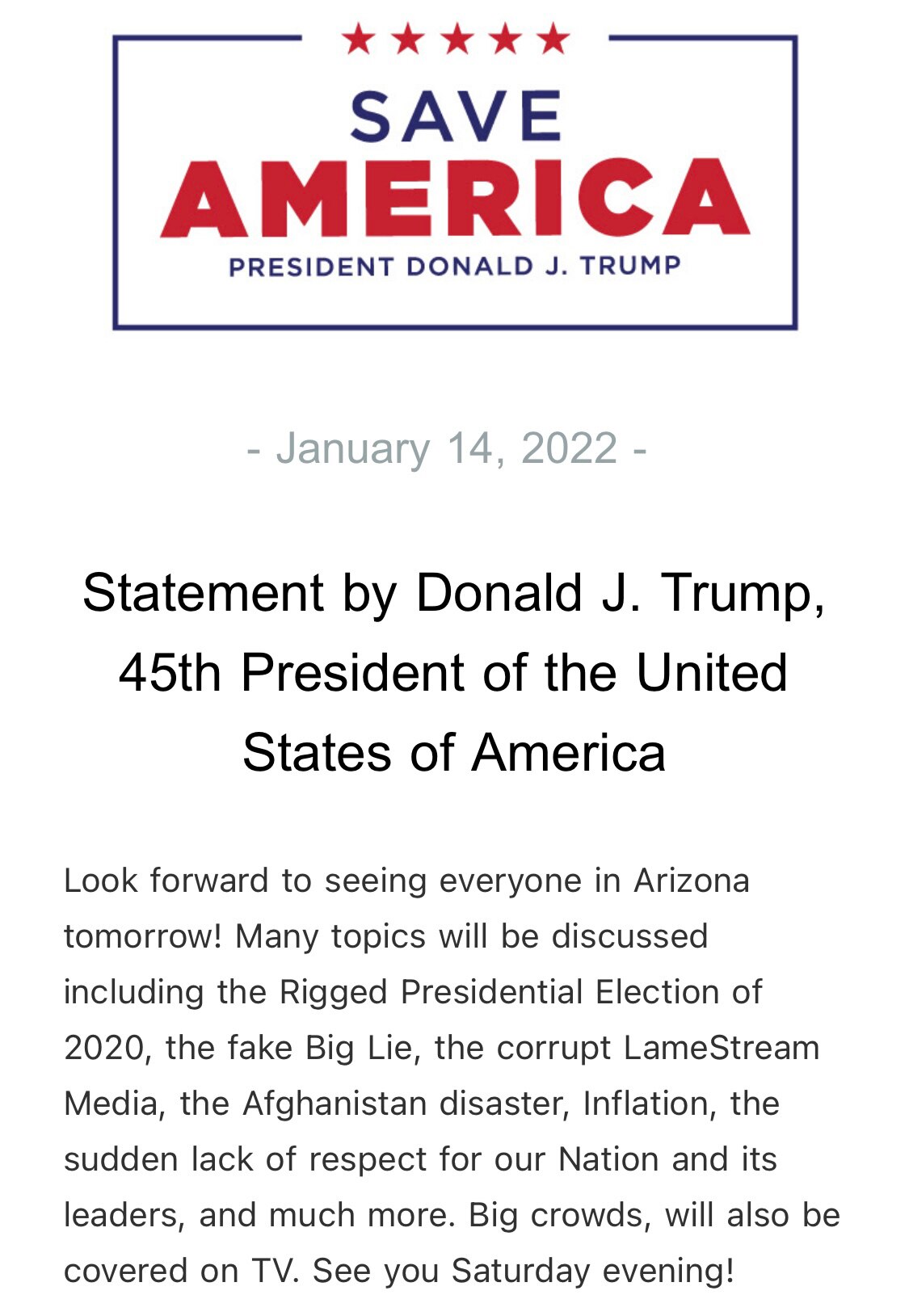 
Statement by Donald J. Trump, 45th President of the United States of America