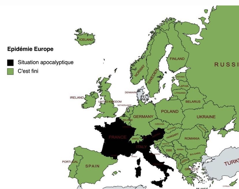 Pandemic situation map of Europe. 

Black - Apocalyptic situation 
Green - The pandemic is over

Poo...