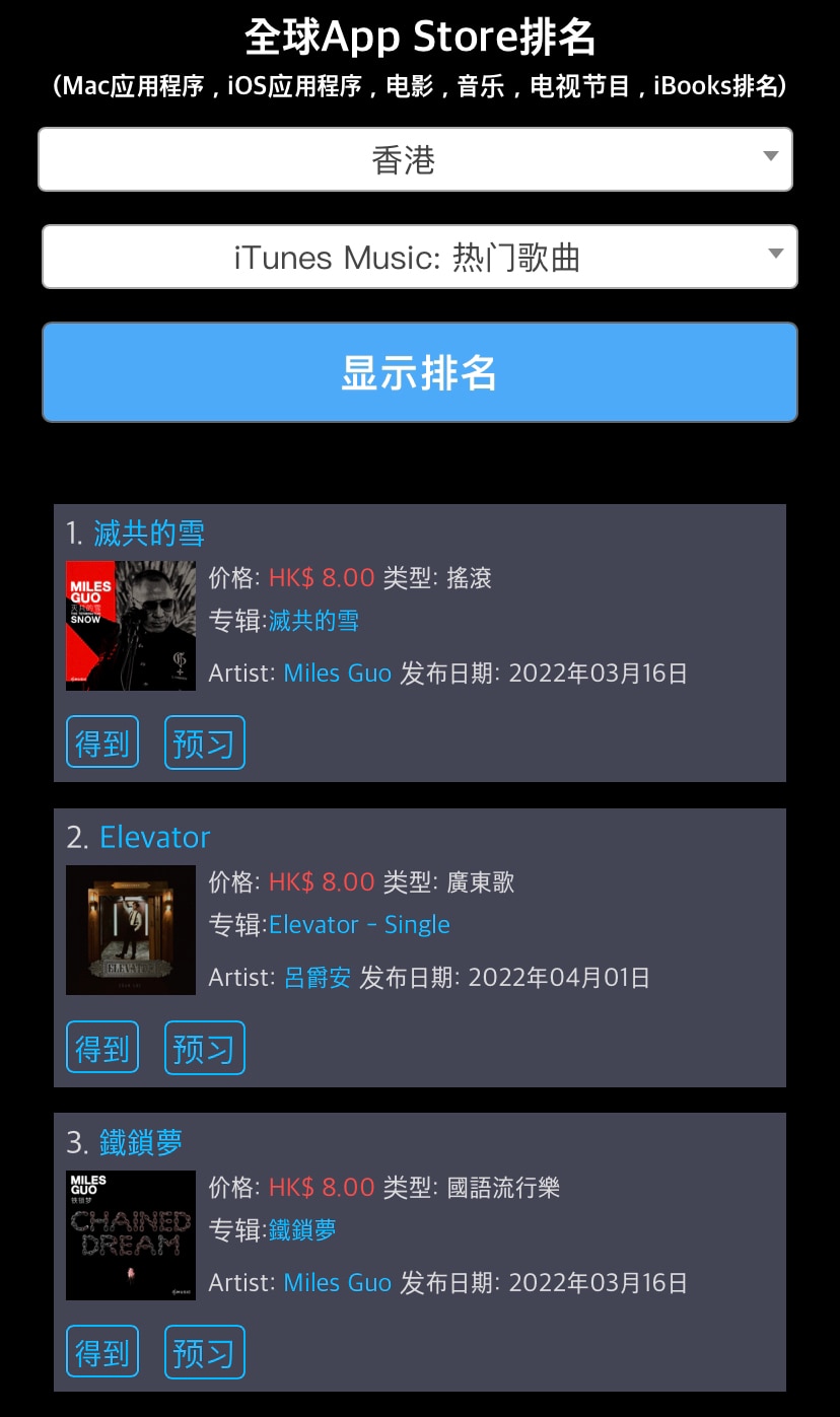 4月4号衷心的感谢香港，新西兰，新加坡，澳门，柬埔寨，台湾的兄弟姐妹们🙏🙏🙏🙏🙏🙏🙏❤️❤️❤️❤️❤️❤️❤️

打榜第一天iTunes总榜成绩：

香港🇭🇰《灭共的雪》第一名🥇...