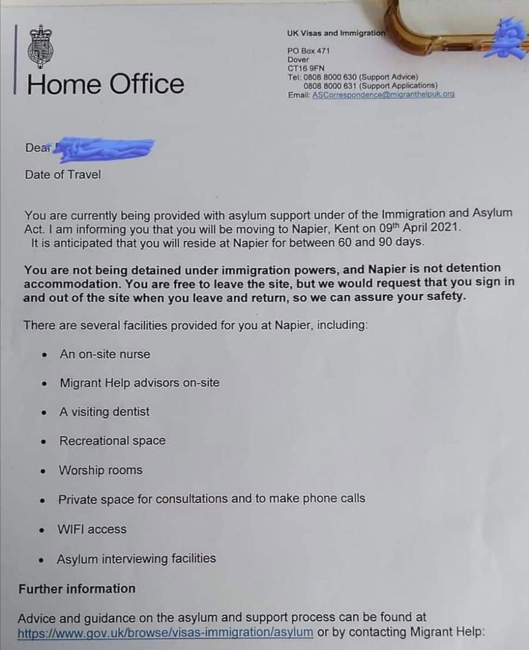 This is an official asylum support letter from the British Home Office. 

Free access to a nurse, dentistry, advisors, WiFi and more. 

No wonder tens of thousands of illegal migrants are coming!  