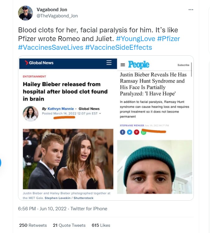 💥 "Blood clots for her, facial paralysis for him. It's like Pfizer wrote Romeo and Juliet" (Twitter...