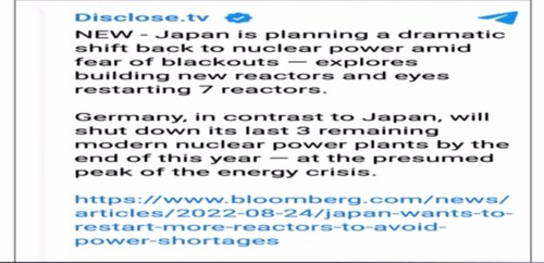 Japón quiere re-abrir hasta 7 reactores nucleares (piensa que ellos tuvieron el accidente de Fukushima) y planean construir más. Sin embargo, parece que Alemania busca cerrar los 3 únicos que les quedan, a pesar de que la UE ha nombrado “verde” a la energía nuclear