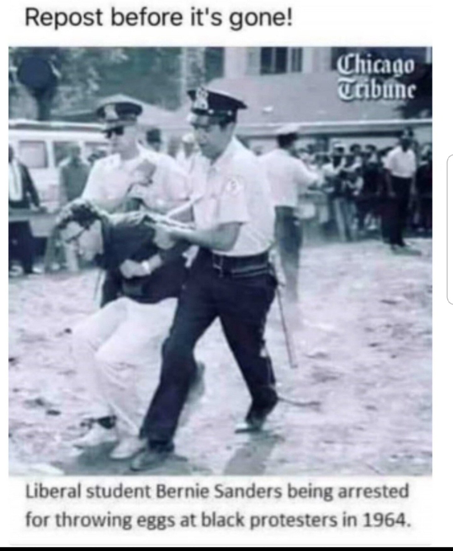 "Student Bernie Sanders being arrested for throwing eggs at black protesters in 1964." Fact check sa...