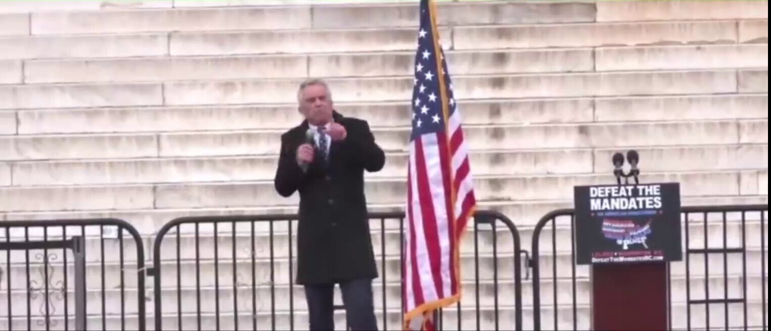 At the antivaxx rally in DC, RFK Jr. says that in the future "none of us can run and none of us can ...