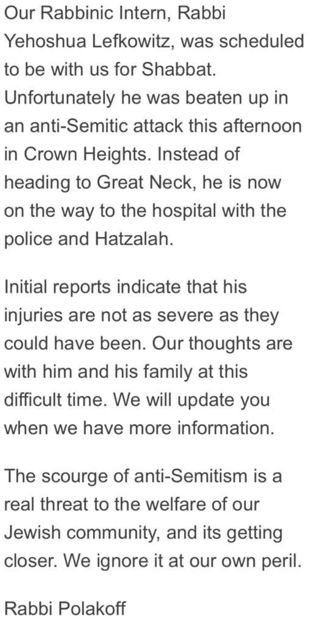 🚨News of yet another violent, antisemitic attack in New York. Rabbi Yehoshua Lefkowitz was just ass...