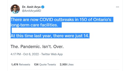 🔥 mRNA COVID-19 Vaccines are causing COVID outbreaks in 150 of Ontario's long-term care facilities  🔥 

The most heavily mRNA vaccinated population in Ontario is seeing 10 times the COVID-19 outbreaks now compared to last year - as admitted by Ontario Pfizer MD Amit Arya.

They are ~ 95% vaccinated with many on their 4th or 5th jab.

This is a beautiful example of ADE (Antibody Dependent Enhancement) of infection caused by mRNA Vaccines.

10x the infection rate after 5 jabs. With no protection from hospitalization or death (as we know from excess mortality stats and hospitalization data).

Imagine what people will do once they realize what's been done to their loved ones.