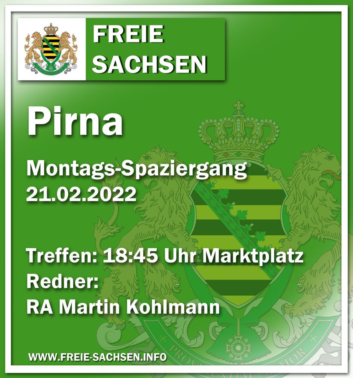 Martin Kohlmann spricht beim Montagsprotest in Pirna!

Die #SächsischeSchweiz gehört zu den #Widerstandshochburgen Sachsens und auch in Pirna sind jeden Montag viele hundert Bürger auf der Straße. Am morgigen Montag spricht Martin #Kohlmann, Vorsitzender der FREIEN SACHSEN, ab 18.45 Uhr auf dem Marktplatz in #Pirna. Und freut sich über viele Zuhörer! 💪

#FREIESACHSEN: Folgt uns bei Telegram! @freiesachsen