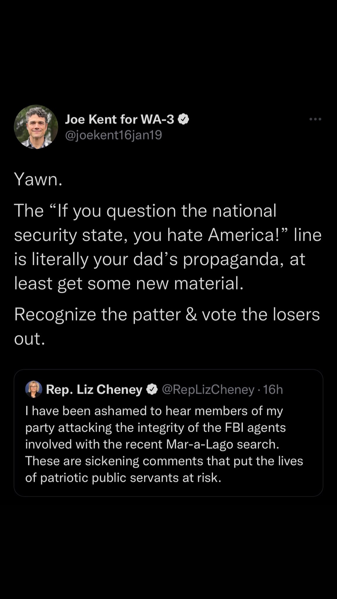 Joe Kent for WA-3 on GETTR : They don’t even respect us enough to come up with new narratives.   They are weak   losing. We are on the ascent.
