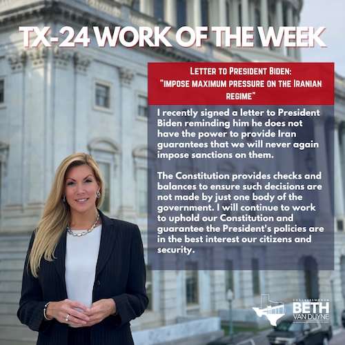 As a possible new Iran Deal looms, some of us in Congress have implored the President to abandon plans to endanger the United States and our allies.

I will always seek solutions to benefit and protect our community in North Texas and the entire country.