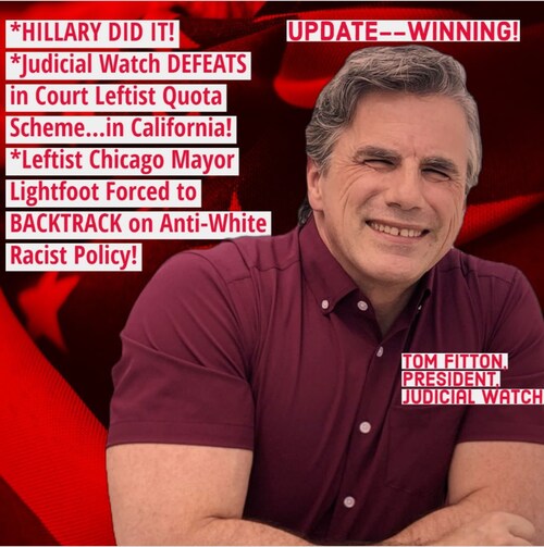 From Judicial Watch President @TomFitton: Hillary Did It -- And Durham needs to act! HISTORIC COURT WIN In California -- Court ENDS Leftist Quota Scheme! PLUS Radical Left Mayor Lightfoot FORCED TO BACKTRACK on Anti-White Policy! HUGE Judicial Watch Update -- https://youtu.be/CCmhSiC8SRA!