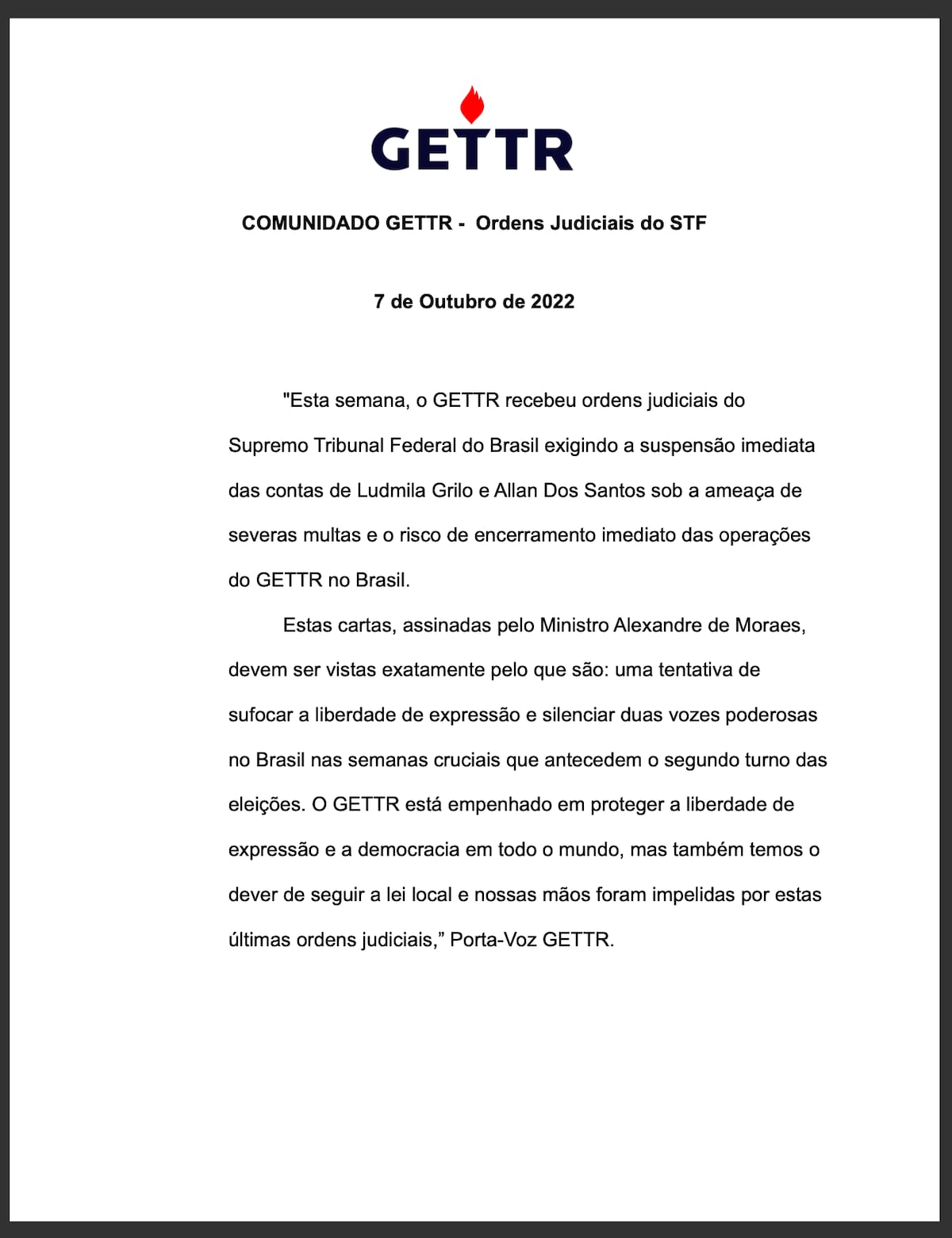 🚨🚨ATENÇÃO COMUNICADO GETTR🚨🚨