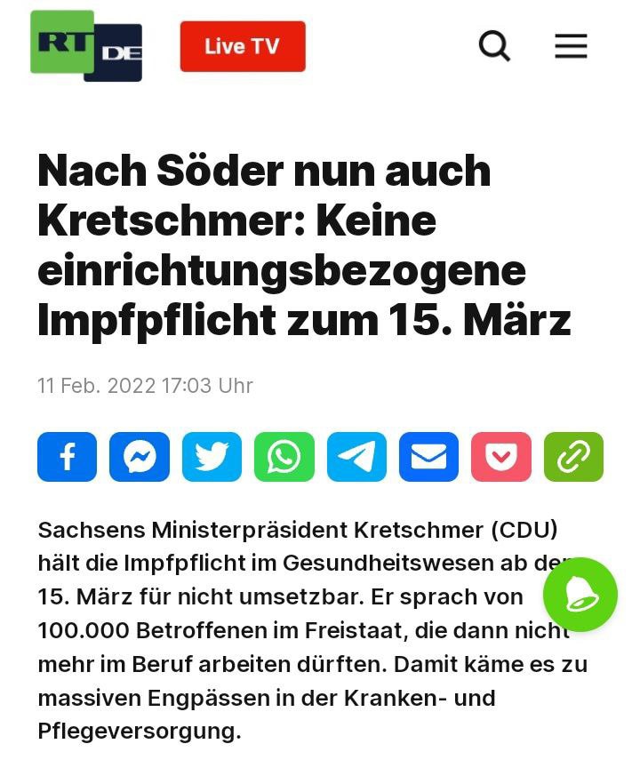 Na sowas: #Kretschmer plötzlich gegen #Impfpflicht in #Medizin und #Pflege!

Wer fällt denn da um? Plötzlich will der sächsische #Despot Michael Kretschmer nicht mehr am Beginn der Impfpflicht in Medizin und Pflege festhalten, sondern fordert eine Verschiebung. Ihm wird plötzlich klar, dass die Versorgungslage akut gefährdet ist. Und so begibt sich Sachsens oberster Impfextremist plötzlich in den Rückwärtsgang. 

Ob Kretschmer die #Bürgermassen, die jeden Montag auf die Straße gehen und seinen Rücktritt fordern, langsam unheimlich werden? Wir Sachsen lassen uns von zurückrudernden #CDU-Politikern nicht mehr blenden: Wir wissen, wer die Impfpflicht zu verantworten hat und fallen nicht mehr herein!

#FREIESACHSEN: Folgt uns bei Telegram! @freiesachsen