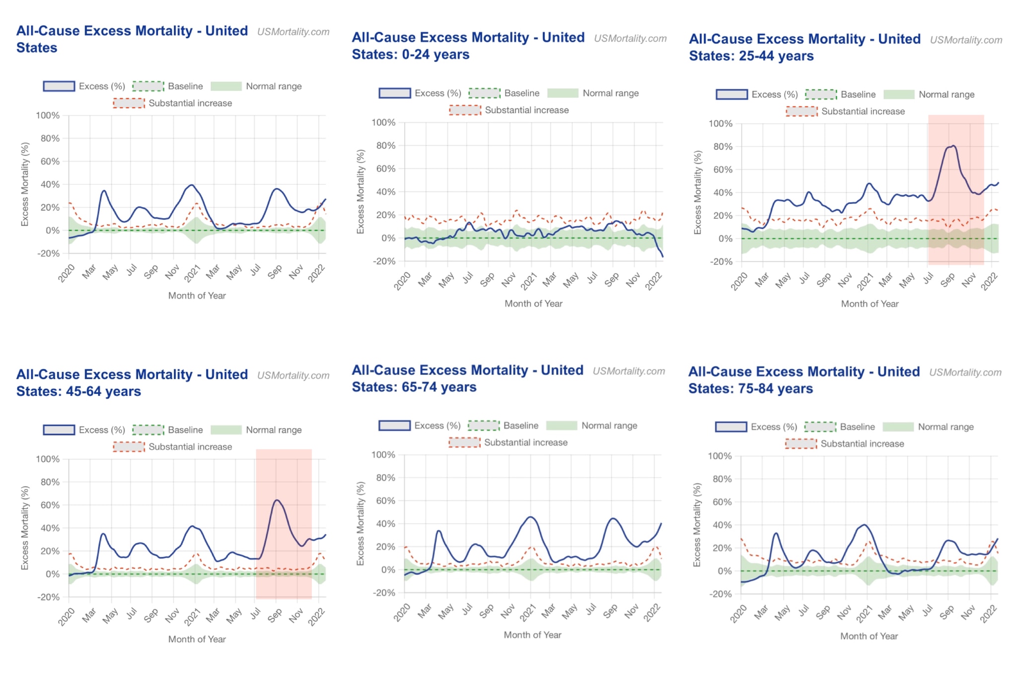 2020 vs 2021 U.S. All-Cause Mortality Rates by Age Group 

What happened starting around July 2021 that increased the death rate in the working class age groups far more than the others? 🤔 

Charts source: https://www.usmortality.com

@EdwardDowd 