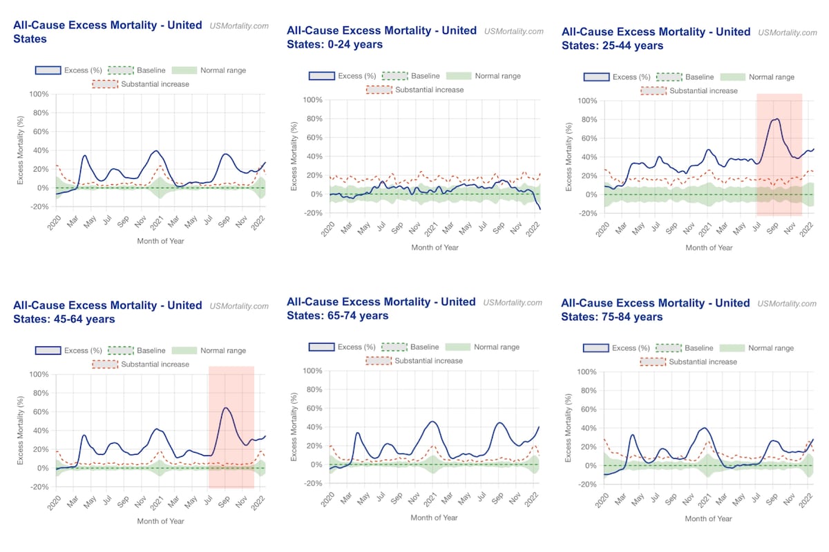 2020 vs 2021 U.S. All-Cause Mortality Rates by Age Group 

What happened starting around July 2021 t...