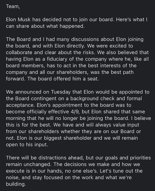 BREAKING: Elon Musk will NOT be joining Twitter's board.

Read CEO Parag Agrawal's statement to the company below: