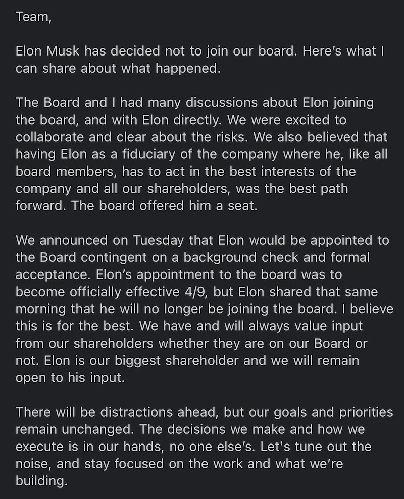 BREAKING: Elon Musk will NOT be joining Twitter's board.

Read CEO Parag Agrawal's statement to the ...
