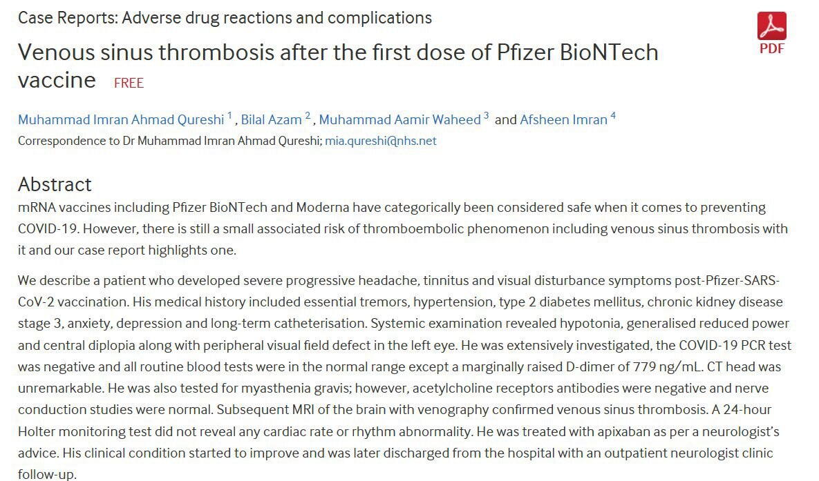 "Os médicos também devem estar alertas para sinais e sintomas relacionados à trombose do seio venoso...