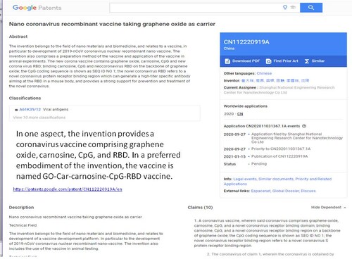 Graphene is being used in vaccines. This is China's patent for graphene in a coronavirus vaccine.
Nano coronavirus recombinant vaccine taking graphene oxide as carrier.
https://patents.google.com/patent/CN112220919A/en