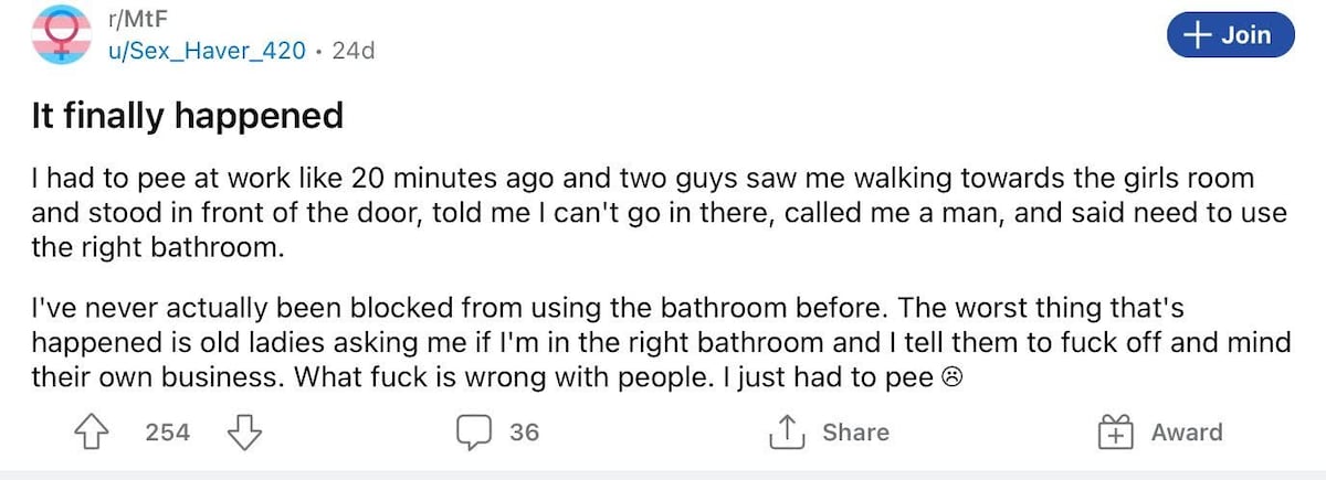 Creepy man tries to use womens bathroom, get's all butthurt when he realises the world doesn't revol...