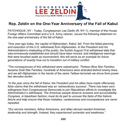 One year ago today, Kabul, Afghanistan, fell to the Taliban. Thirteen Blue Star Families would become Gold Star Families, as many as 15,000 Americans would be left behind enemy lines, and Taliban terrorists would be back in power and with billions of dollars worth of U.S. military equipment. MY FULL STATEMENT ⬇️