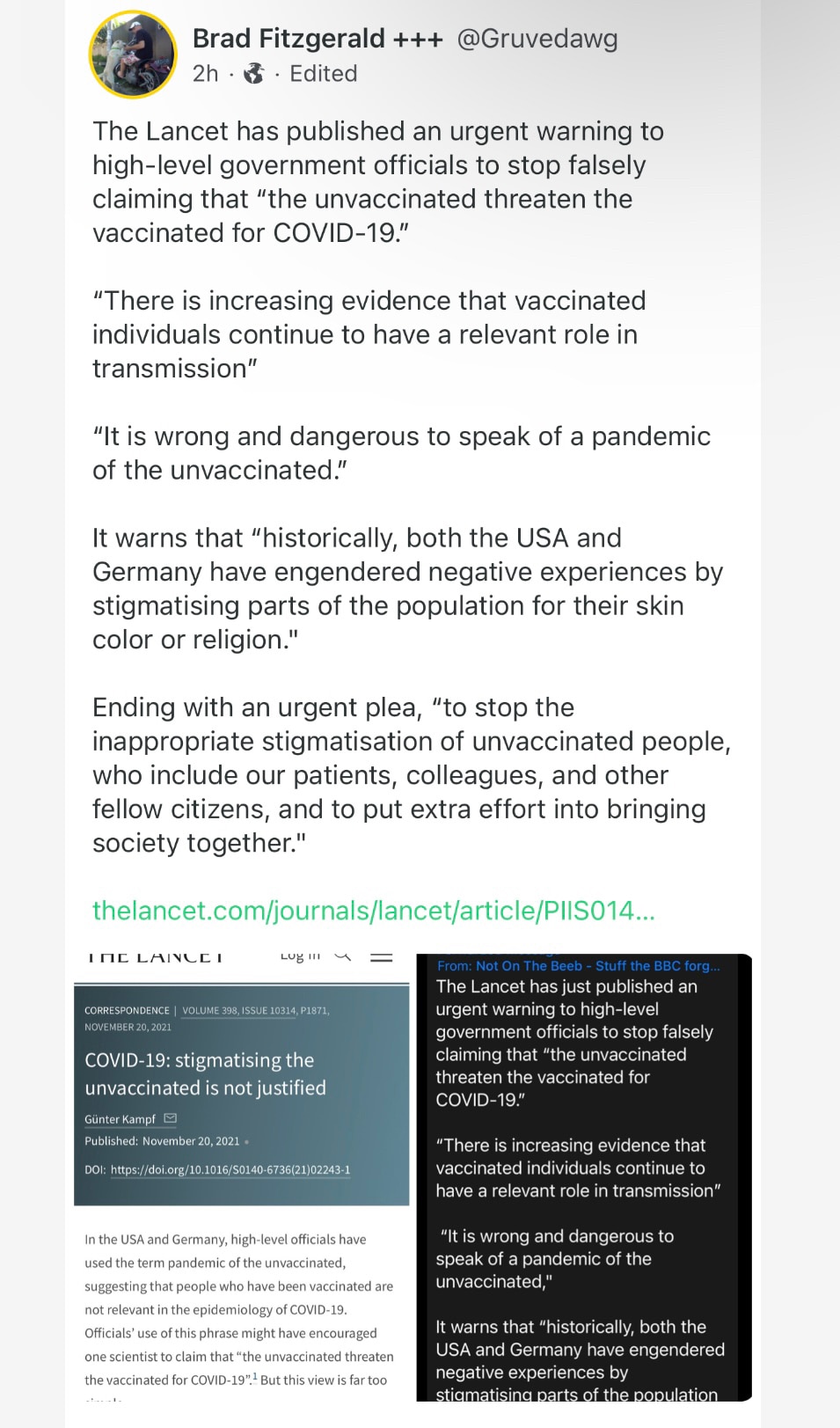 Wow. A MUST SEE. “The Lancet has published an urgent warning to high-level government officials to stop falsely claiming that “the unvaccinated threaten the vaccinated for COVID-19.”    @DrNaomiRWolf @SteveBannon @RealPNavarro https://www.thelancet.com/journals/lancet/article/PIIS0140-6736(21)02243-1/fulltext