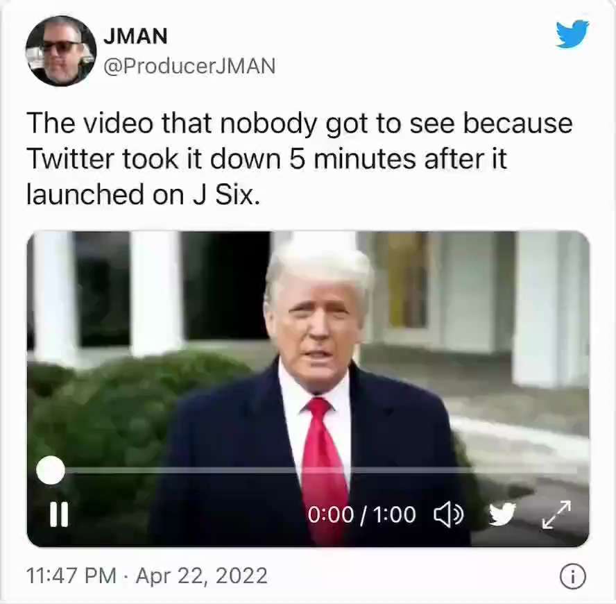🚨 This is the video that President Trump posted on J6 that was immediately deleted by Twitter.

When President Trump says, “Go home, we can’t play into their hand.”  You know that is why they took it down