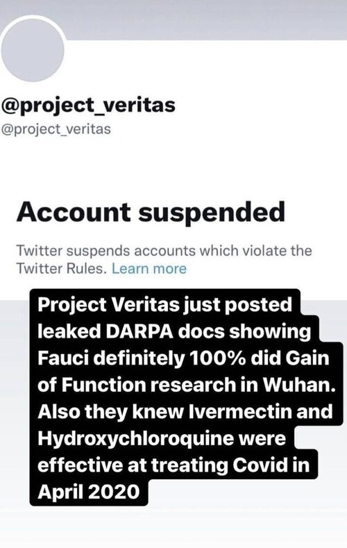 😡😡😡
Shock!

Project Veritas twitter account suspended after Bombshell Leaks on Fauci funded Gain-of-Function research in Wuhan and that he knew in April 2020 that Ivermectin and Hydroxychloroquine are both highly effective treatments for Covid - and thus deliberately committed Mass Murder by suppressing them.

Twitter also Suspended Project Veritas Social Media/Comms Director Eric Spracklen.

#ExposeFauci