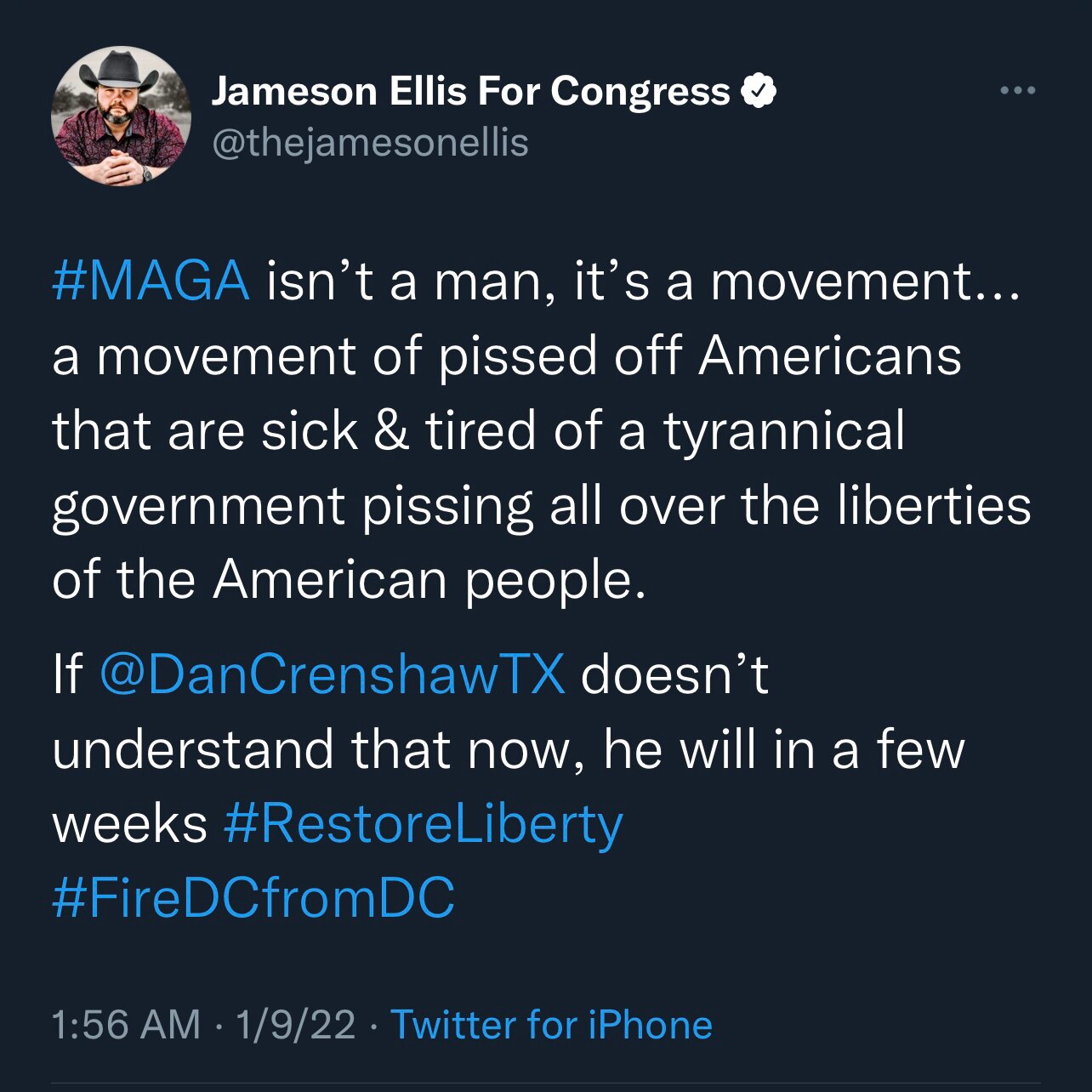 For those way back in the back that didn’t get the memo… like Dan Crenshaw. 

#JamesonEllisForCongress #RestoreLiberty #FireDCfromDC 