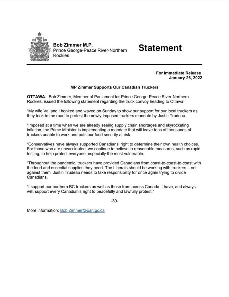 Canadian MPs releasing statements in support of trucker convoy for freedom