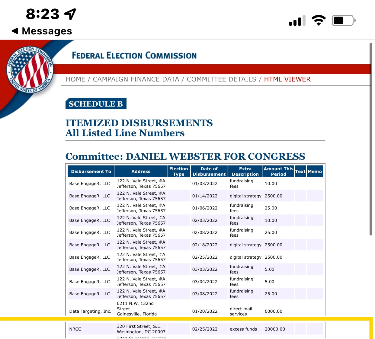 My RINO opponent Dan Webster has joined forces with Kevin McCarthy & Tom Emmer of the NRCC, who were just caught on secret audio talking about their plans to censure Trump and make him resign.

Kevin McCarthy gave Dan Webster thousands of dollars in PAC donations to use against me just days after saying he doesn’t “get involved in primary elections”. 

And as you can see below, Dan Webster just gave McCarthy & Emmer’s NRCC $20,000 so they can do his dirty work for him (you can see for yourself on the latest FEC filing).

I’m told NRCC is planning on putting up attack ads against me calling me “crazy”, “unstable”, a “white supremacist” & “anti Muslim” in an effort to make sure I don’t win my election.

They are furious over the momentum I’m gaining in my district. 
👇🏻
