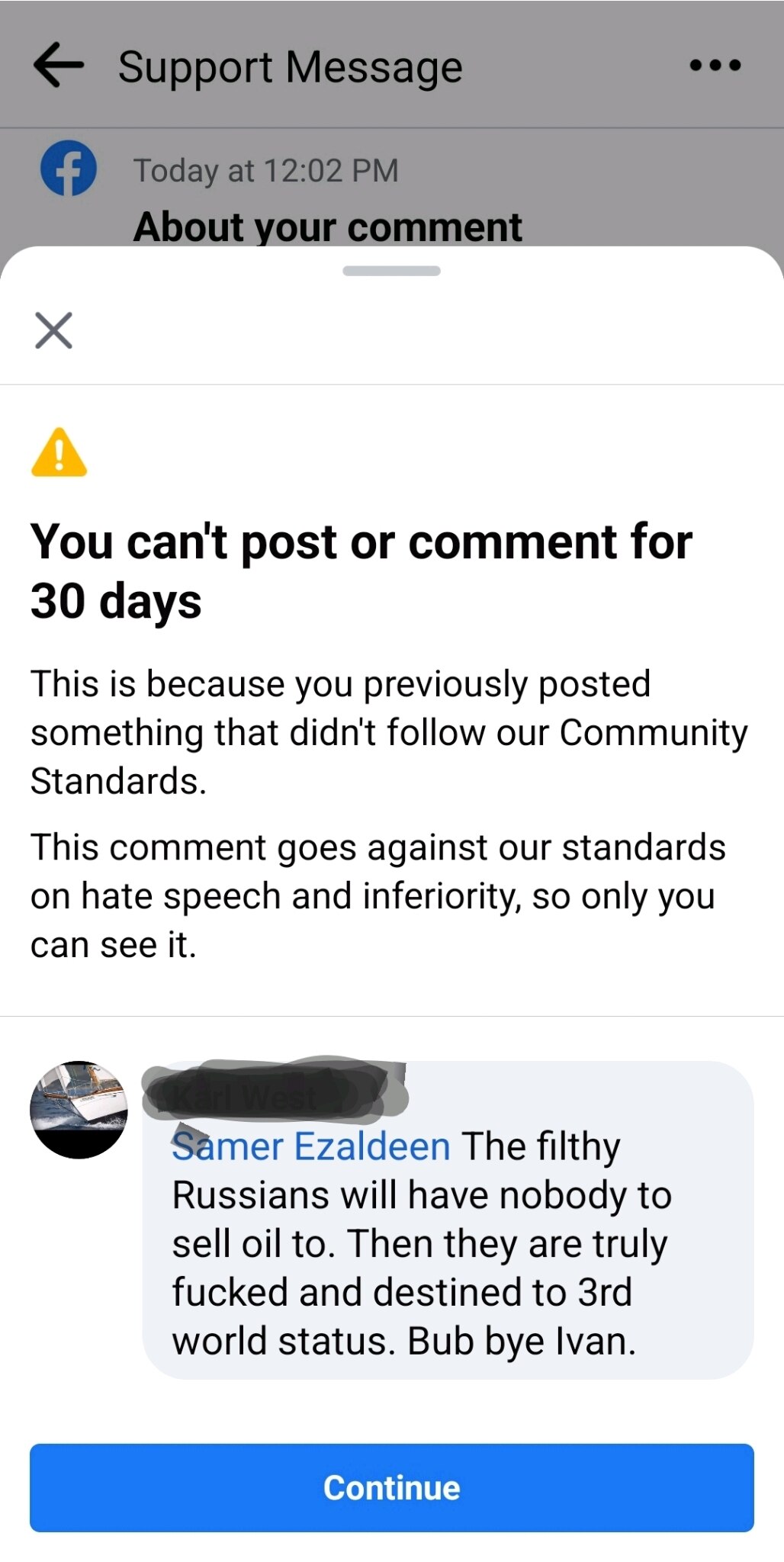 Made my way to Fakebook jail again. I guess killing thousands of civilians isn't enough to make you ...