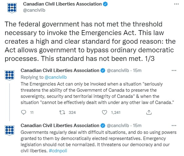 JUST IN - The Canadian Civil Liberties Association states the government has not met the Emergencies...